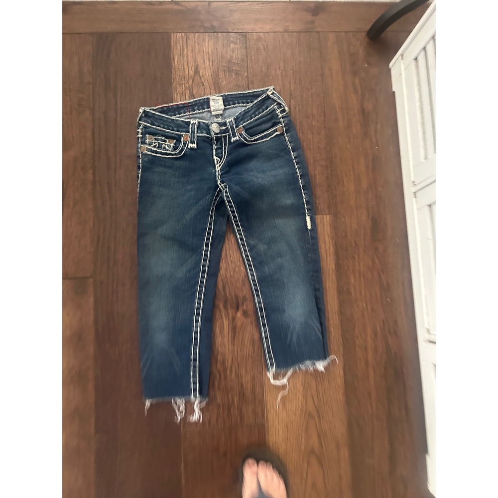 Y2K True Religion Super Dark Wash Denim Capris Thick White Stitch Raw Hem Croppd